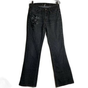 KiKit Jeans Size 8 blue/black color with brown stitching Floral Patching